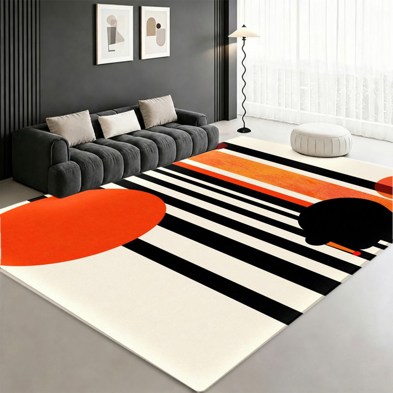 Tapis à motif géométrique abstrait, moderne, moderne, noir, orange, blanc, doux et durable, tapis antidérapant lavable à la machine et antidérapant