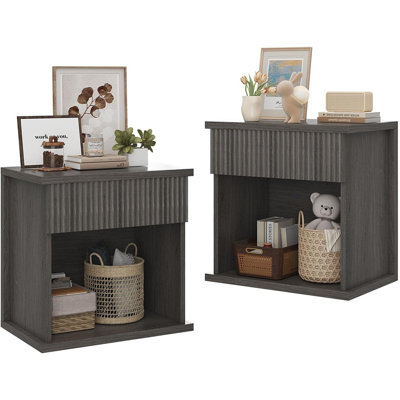 Ensemble de 2 grandes tables de chevet en bois avec tiroir pour chambre à coucher - Chêne gris