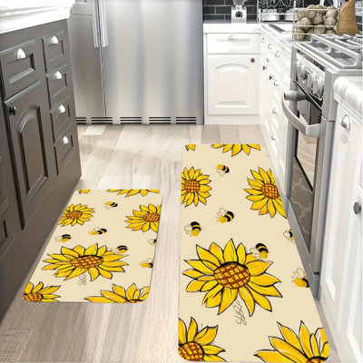 Tapis de cuisine beiges tournesol, ensemble de 2 pour un décor de cuisine lumineux