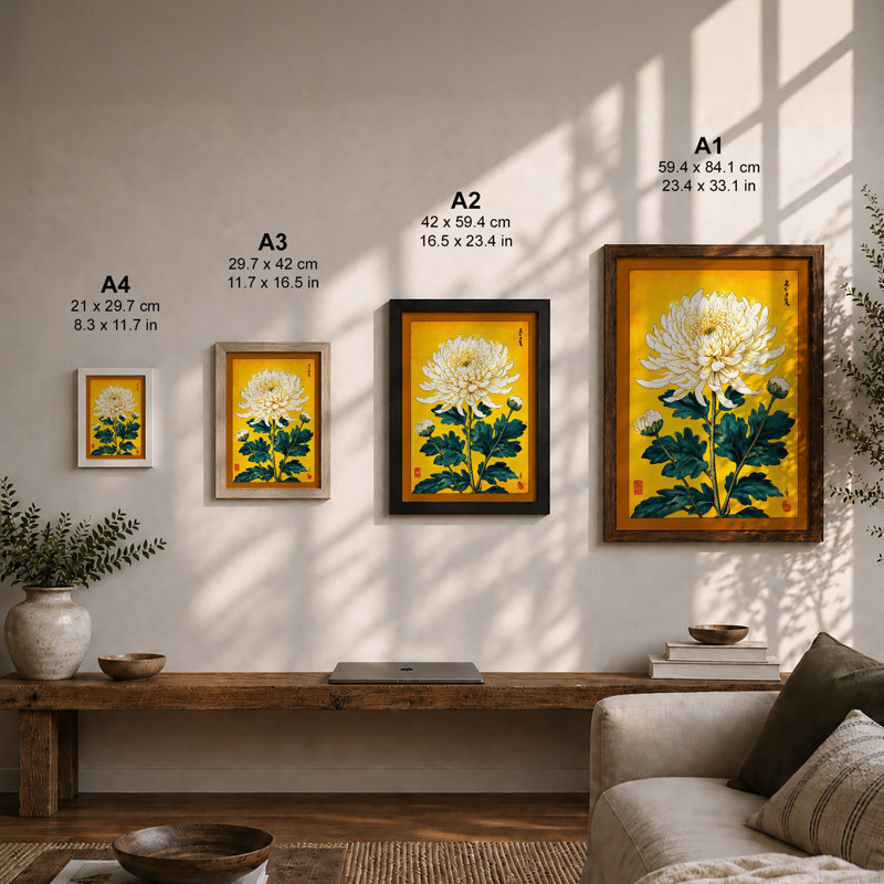 White Chrysanthemum Study Japandi 1 Piece Single Picture Frame Wall Art, A3 - 42.0 x 29.7 cm, White