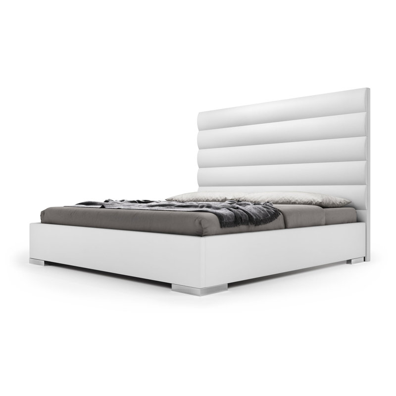 Prince Upholstered Platform Bed, White  Eco Leather, Queen