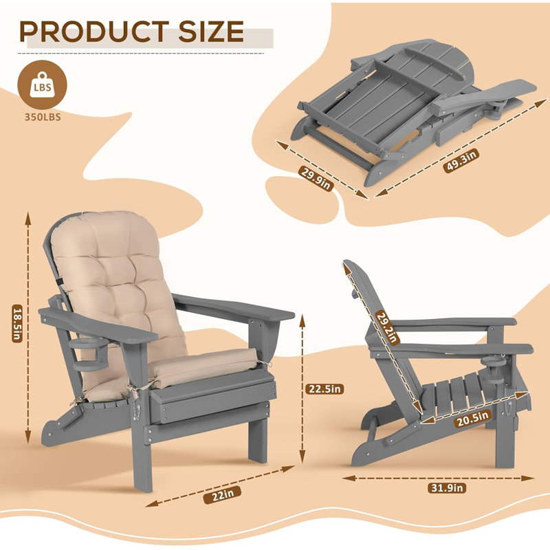 Folding Adirondack Chair With Cushion & Cup Holder, Hdpe Outdoor Fire Pit Chairs With Wood-like Grain, Gray