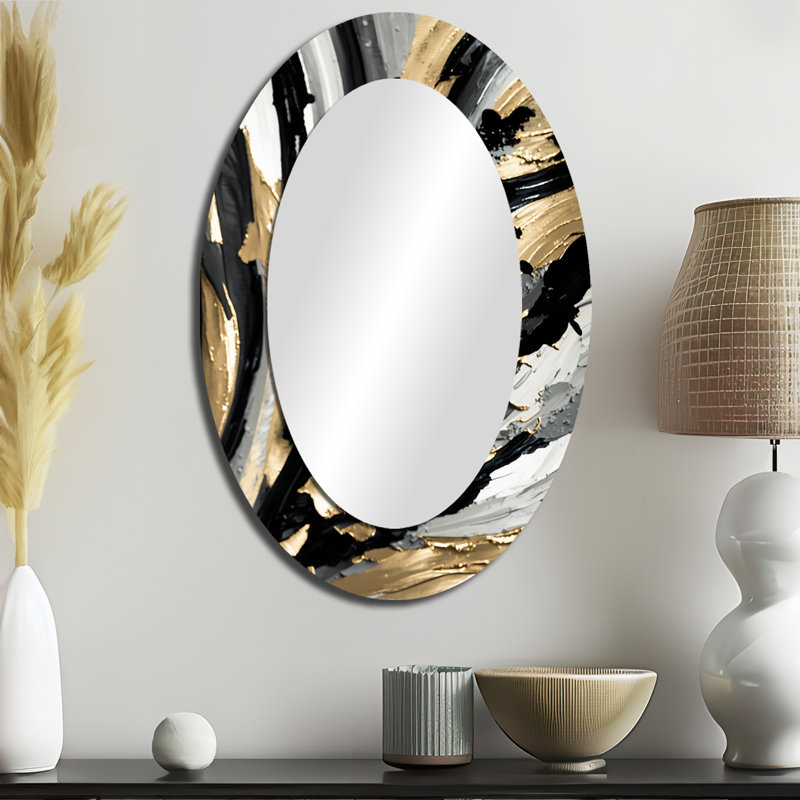 Rhythm Of Pleasure Abstract Black And Gold I - Large Oval Wall Mirror On Metal, 36" x 24"