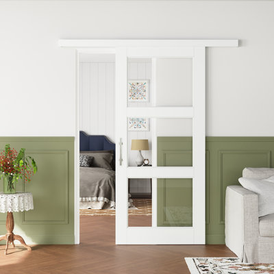 Pre-assembled Panel, Hidden Track 3-lite Clear Glass Sliding Barn Door White Finish Solid Manufactured Wood Closet Door with Installation Hardware Kit