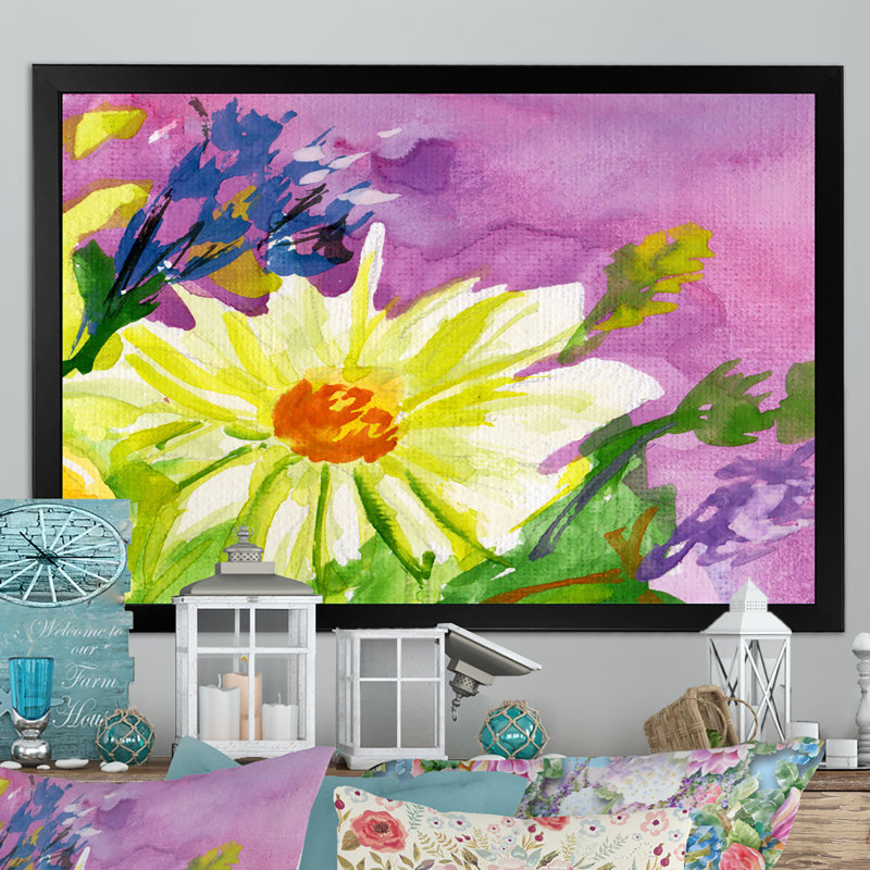 «Pink Blossoming Flowers in the Meadows II», reproduction d'art sur toile encadrée, Cadre photo noir
