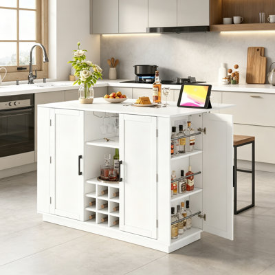 Armoire pour îlot de cuisine et bar à vin de 47,2 po avec rallonge, prises de courant intégrées et rangement pour verres à pied de 47,2 po