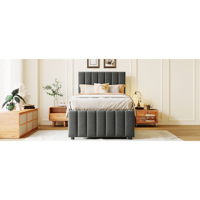 Lit plateforme tapissier simple gris avec fonction gigogne et 3 tiroirs élégants, Lit simple