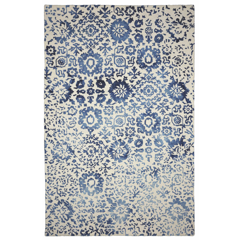 Florals Batik Floral Handmade Tufted Wool Navy/Beige Area Rug, Rectangle 7'6" x 9'6"