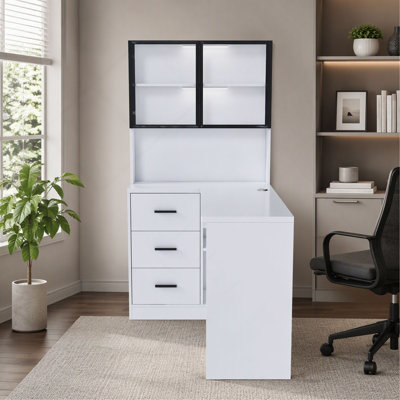L-Shaped Computer Desk with Glass Cabinets & LED Lights, USB Ports, Keyboard Tray