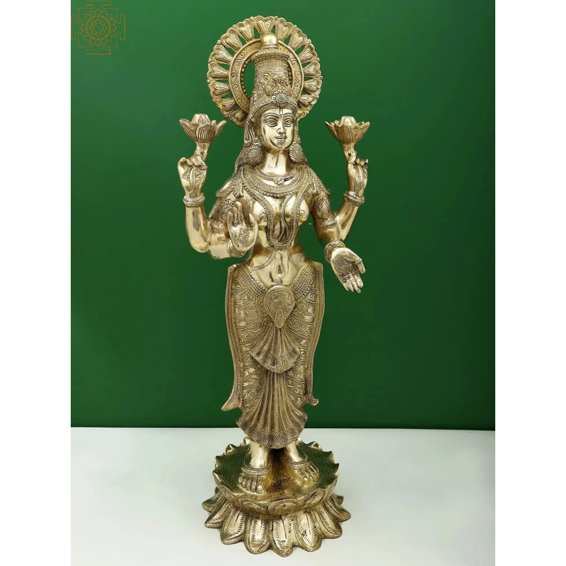 Statue déesse debout à la main en laiton Lakshmi - divinité de la prospérité 32 pouces pour les autels spirituels, les espaces de méditation et les décorations inspirantes