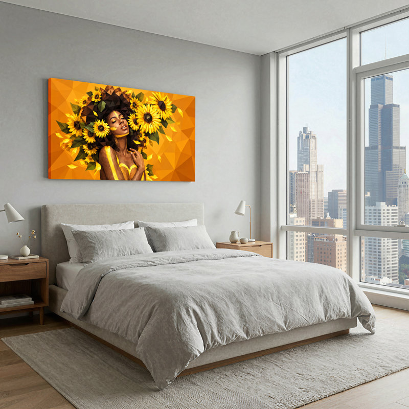 Femme aux tournesols jaunes, style géométrique low poly, tableau sur toile, 40"W x 20"H
