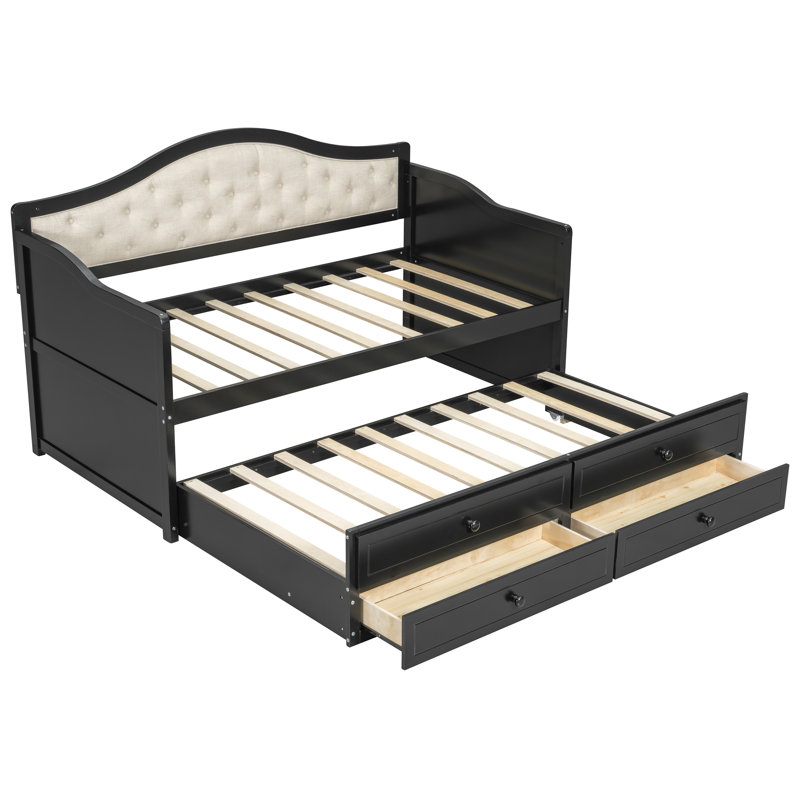 Daybed With Trundle, Daybed With 2 Storage Drawers, Wooden Sofa Bed With Upholstered Button Tufted Backrest For Living Room, Bedroom, Guest Room