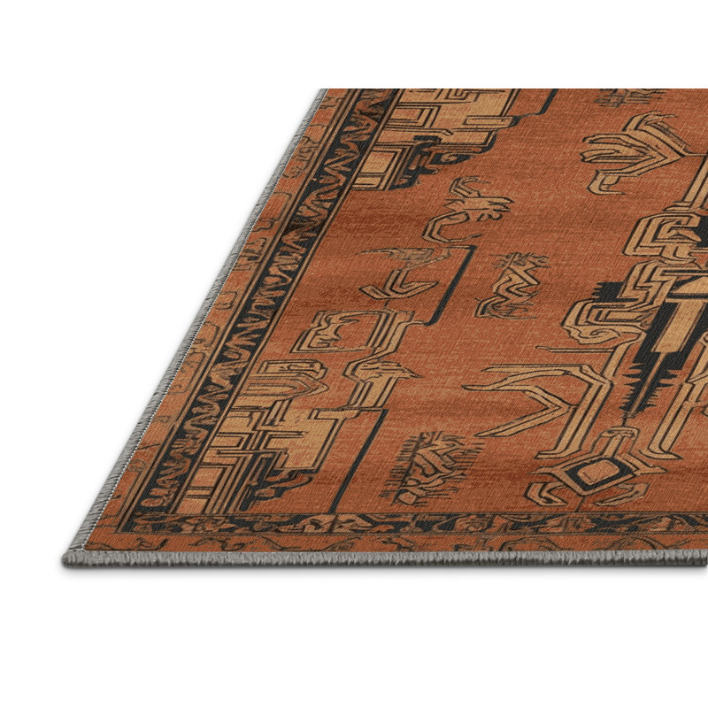 Machine Washable Art Deco Brown Area Rug, Round 7'