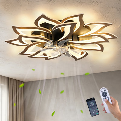 Ventilateur de plafond géométrique 35 po avec lumière, ton de plafond encastré moderne à DEL avec télécommande, ventilateur de plafond à profil bas avec 6 vitesses et 3 lumières à intensité variable pour la chambre à coucher, la cuisine et le salon