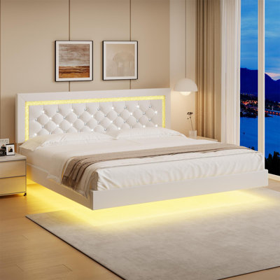 Alber Floating Bed Frame with LED Lights, Upholstered Platform Bed with Diamond Tufted Headboard, No Box Spring Needed, Noise Free, Easy Assembly