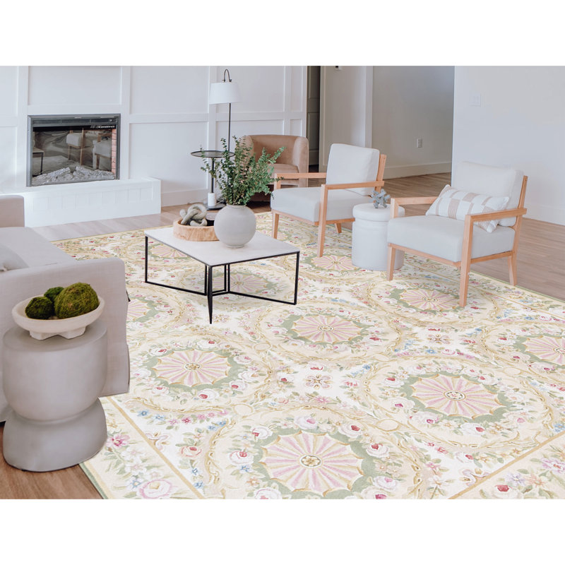Hand-Knotted High-Quality Gold and Green Area Rug