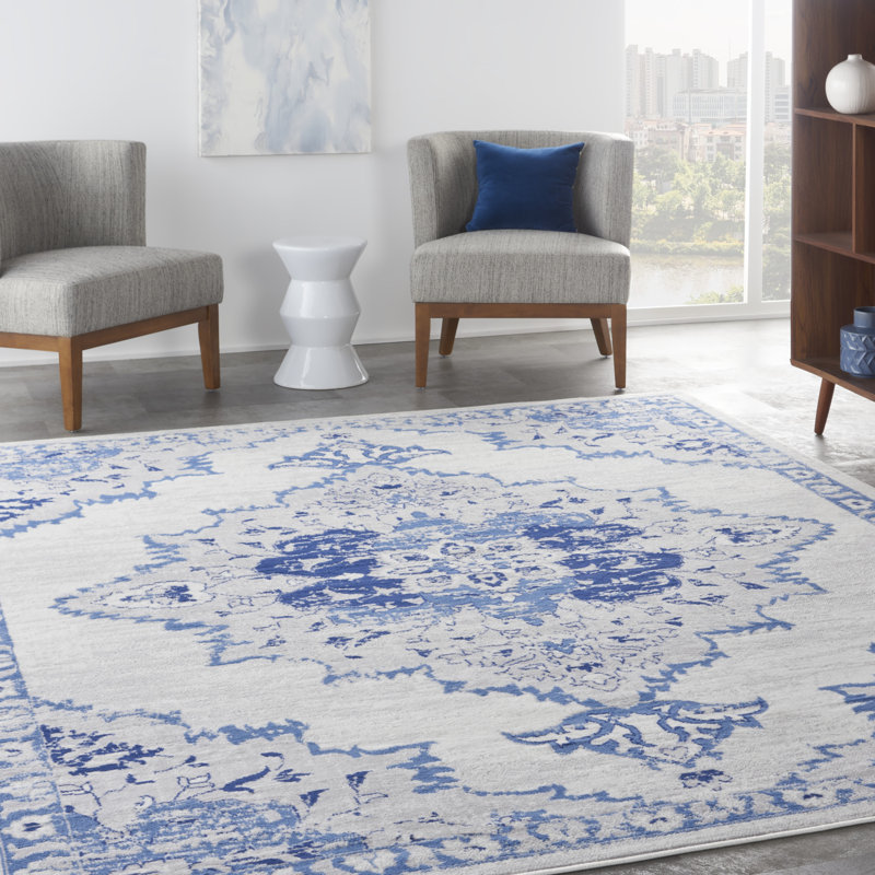 Tapis ivoire / bleu en polypropylène tissé à la machine Ikat, Rectangle 8 pi 4 po x 11 pi 6 po