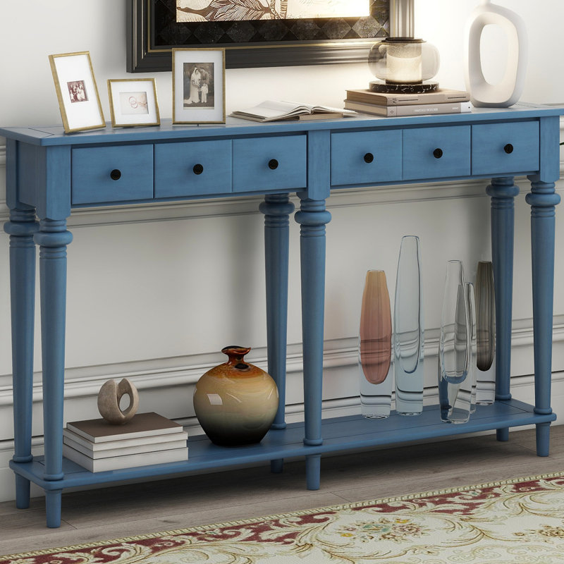 Console Retro - Bleu marine. 4 tiroirs et tablette ouverte. Look rétro rustique avec finition pin. Fabriqué en pin. Ours de table 220 lb, tiroir 15 tablettes inférieures 33 lb Polyvalent pour les espaces de vie.