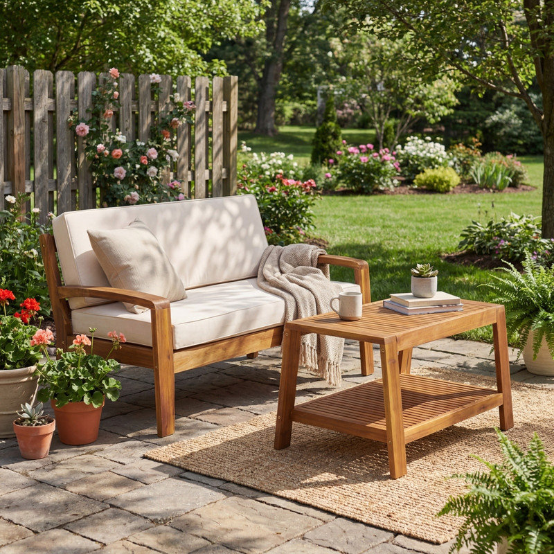 Ensemble de conversation pour patio 2 pièces, causeuse en bois d'acacia et table basse avec coussins beiges résistants à l'eau