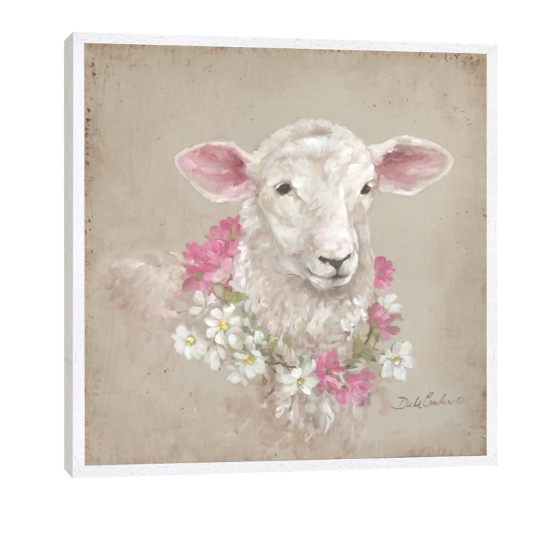 Sheep With Wreath by Debi Coules - Floater Frame Painting on Canvas, 45.72 cm H x 45.72 cm W, White