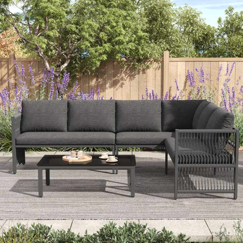 5-6 Seat Modular Outdoor Sofa Set With Glass Table & Polyester Rope
