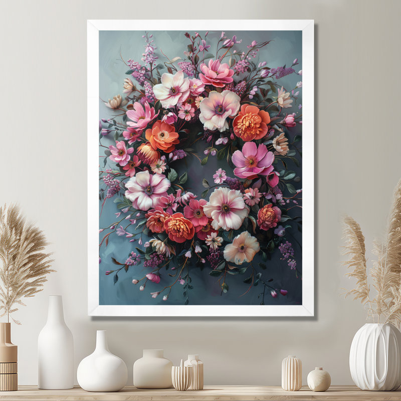Couronne de symphonie rose et bleu printemps - décoration murale couronne, Cadre flottant blanc, H 12 po x l 20 po
