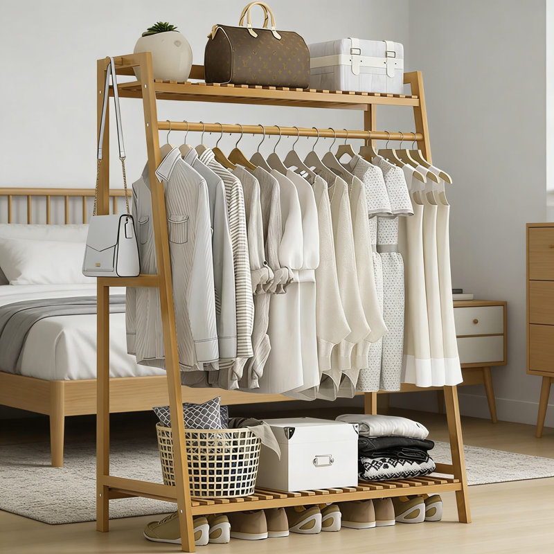 Bamboo 2-Tier Garment Rack With Hanging Rod And Storage Shelves, Portable Wardrobe Closet Organizer For Bedroom And Entryway