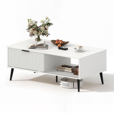 Coffee Table With Storage,Rectangular Wooden Coffee Table With Sliding Door And Solid Wood Legs