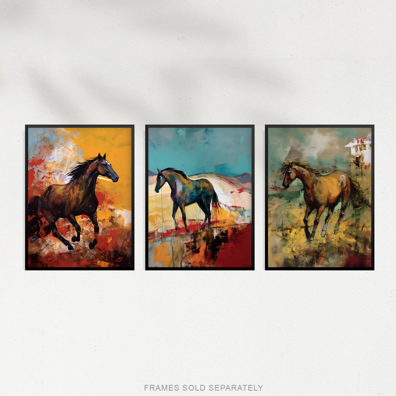 Wild Horses Oil Galloping Wilderness Earthy Tones - 3 Piece No Frame Print Set, 29.7cm H x 21cm W x 0.4cm D