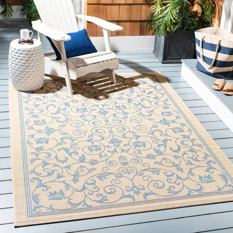 Arneshia Floral Tan/Blue Indoor/Outdoor Area Rug, Rectangle 4' x 5'7"