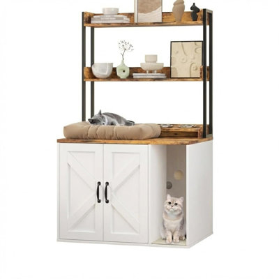 55" Hidden Litter Box Cabinet with Storage Shelves & Power Outlets – Large Wooden Cat House for Living Room, Hallway