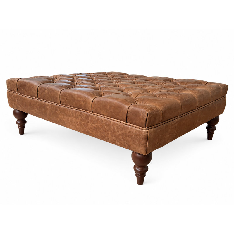 Deep Buttoned Italian Leather Coffee Table Ottoman 65 x 80 cm - Vintage Brown, Vintage Espresso