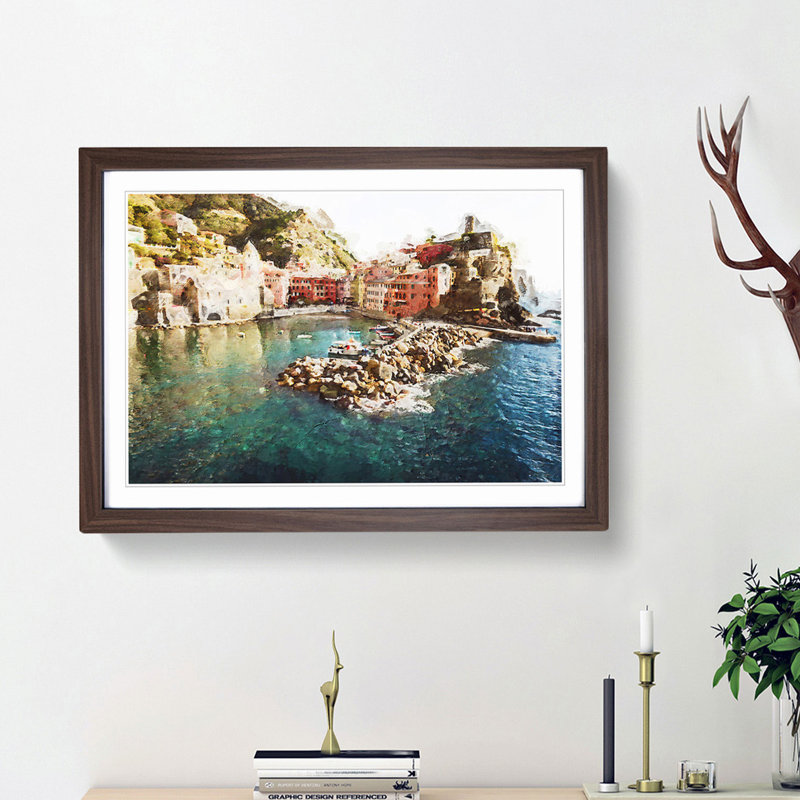 Boats in Vernazza Italy in Abstract - Picture Frame Graphic Art Print, Walnut Framed, 48cm H x 65cm W x 2cm D
