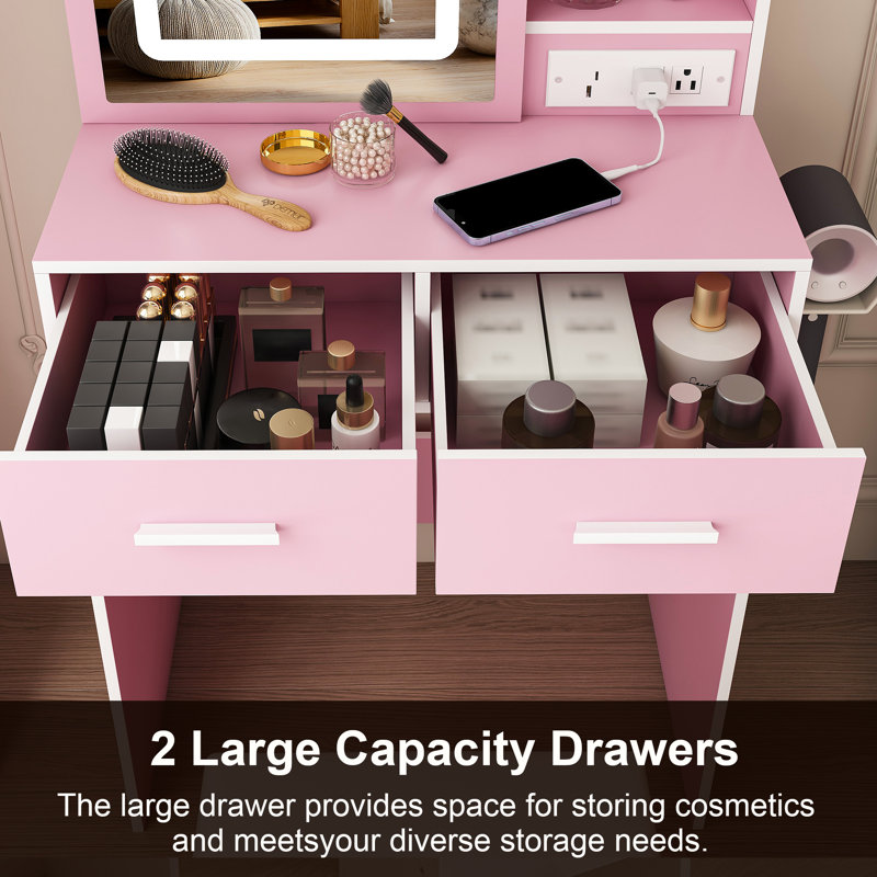 Petit bureau de coiffeuse avec miroir et lumières DEL réglables, Pink
