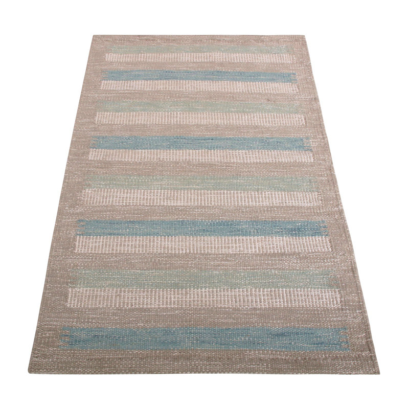Rug & Kilim’S Scandinavian Style Striped Beige-Brown Green And Blue Wool Kilim, Rectangle 6' x 9'