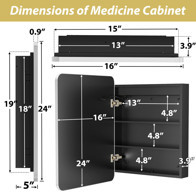 Armoire à pharmacie de salle de bain, armoire encastrée ou à surface éclairée, H 24 po x l 16 po x P 5 po, Argent argent