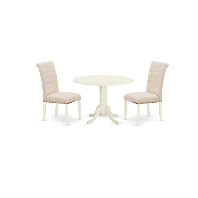 L'ensemble de 3 tables de salle à manger modernes comprend une table ronde en bois avec Dropleaf et 2 chaises de salle à manger Parson en tissu beige clair, 42 x 42 pouces, blanc lin