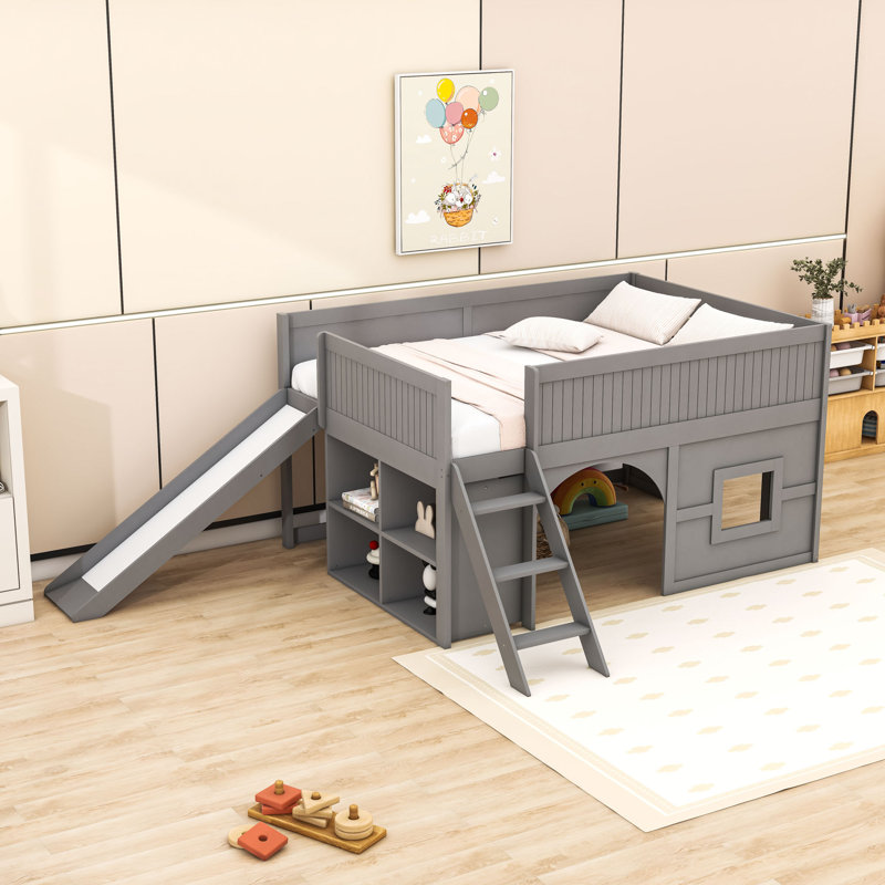 Low Loft Bed With Storage Shelves And Slide, Gray