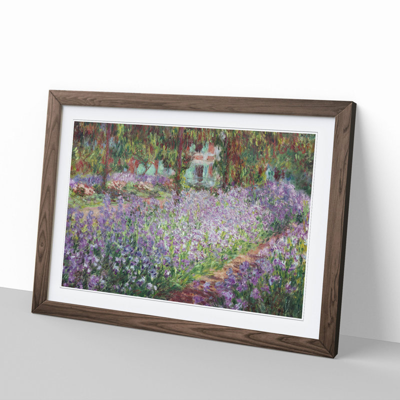 Irises in Monets Garden by Claude Monet - Picture Frame Painting on MDF, 36cm H x 48cm W x 2cm D, Walnut