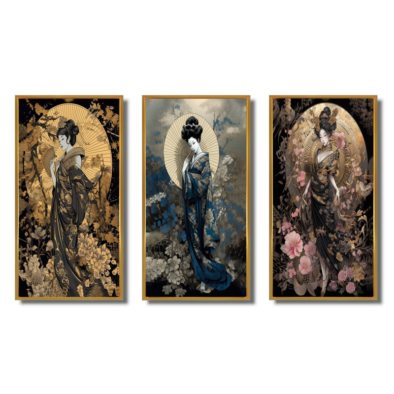 «Elegant Japanese Woman», 3 pièces sur toile, Cadre flottant doré, H 20 po x l 36 po