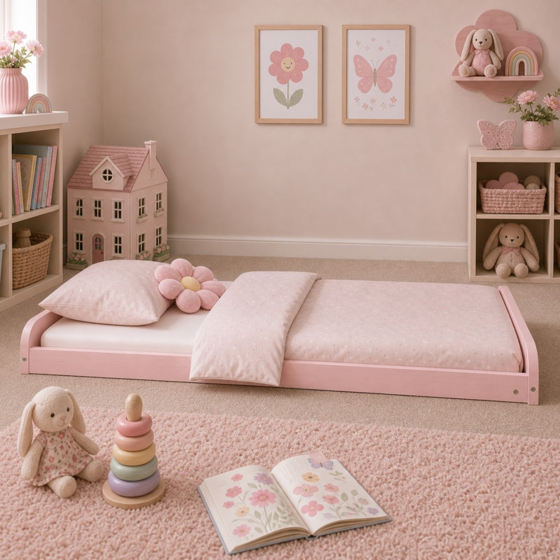 Leon Montessori Heavy Duty Solid Pine Bed Frame, Small Single (2'6), Pink