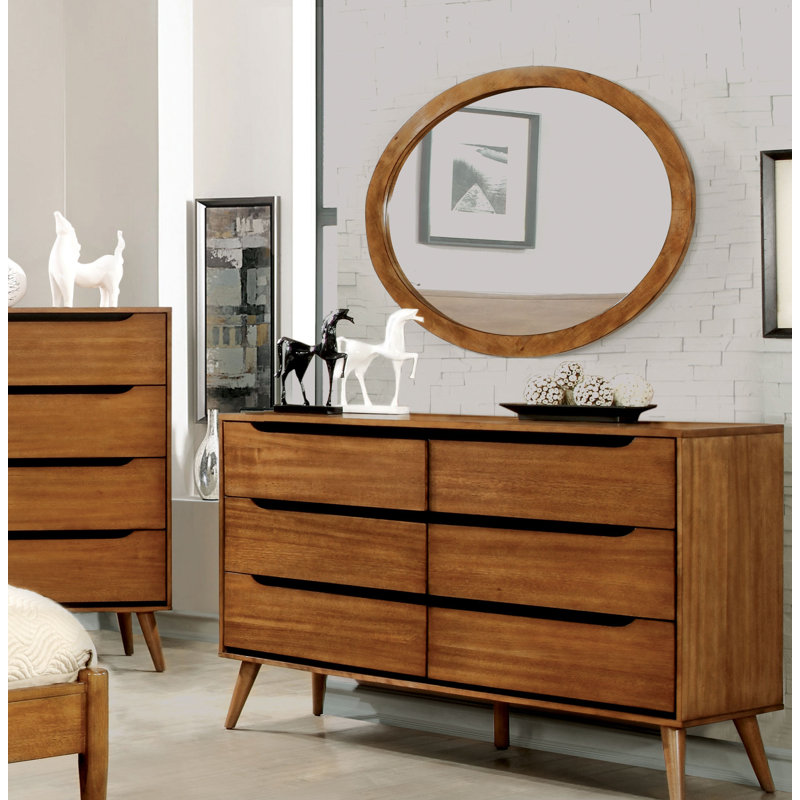 Stalter 58''W 6-Drawer Dresser with Oval Mirror, Oak