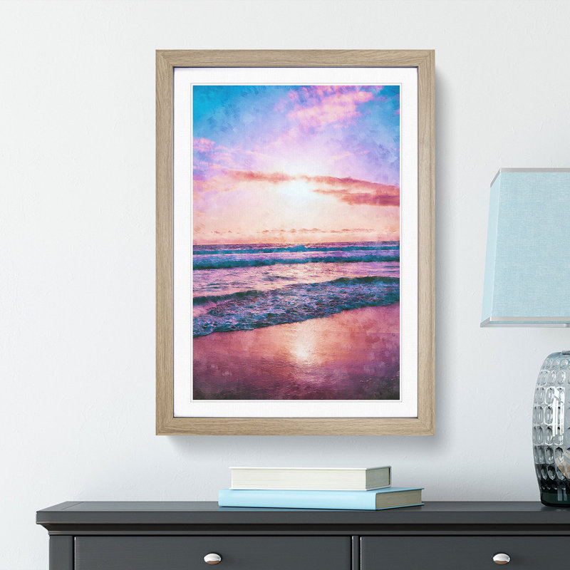 Pink Beach - Single Picture Frame Print on MDF, 87cm H x 62cm W x 2cm D, Oak Framed