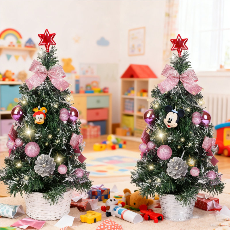 2 pièces Mini arbre de Noël de 17,7 pouces avec base de panier de bureau pour arbre de Noël, arc, pomme de pin, décorations de Noël