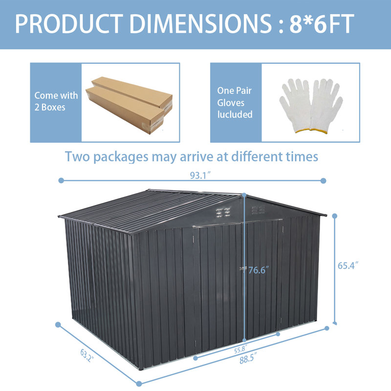 Gray Galvanized Steel Outdoor Storage Shed with Sloped Roof