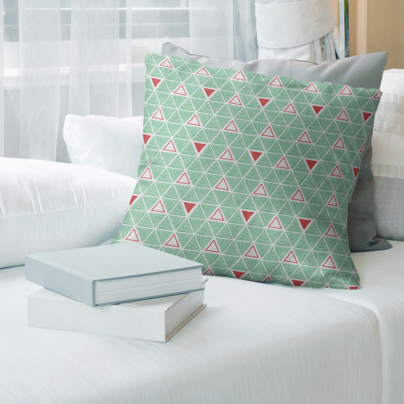 Triangles dessinés à la main Coussin décoratif, 18 po x 18 po, Double vert/rouge, Sergé de coton