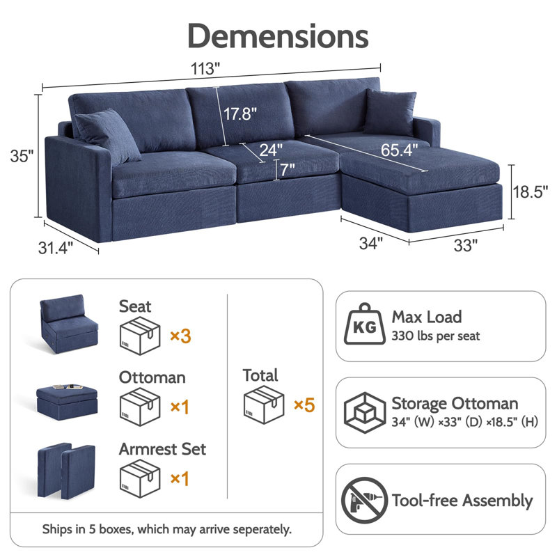 Canapé modulaire de 113 po avec repose-pieds avec rangement, ensemble de canapés 4 places avec deux coussins inclus, Bleu