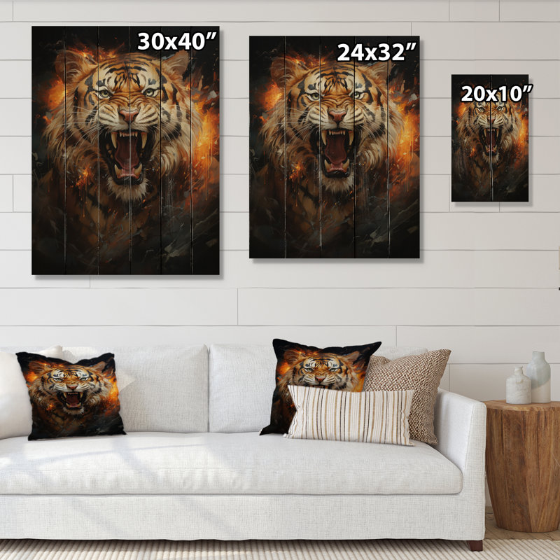 Portrait d'un tigre brun sur bois, H 20 po x l 10 po x P 0,78 po