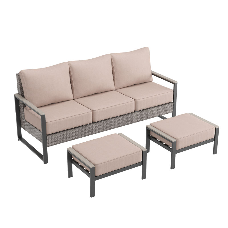 3 Pieces PE Rattan Patio Set, 3-Seater Sofa With Thick Cushions and Sturdy Frame, Sand