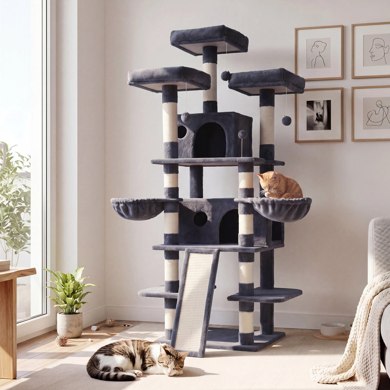 Arbre à chat 68 po à plusieurs niveaux avec condos, poteaux à griffer et paniers suspendus, conception anti-basculement